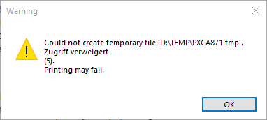 Screenhot einer Warnmeldung, dass keine TEMP-Datei erzeugt werden kann